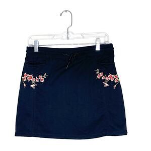 Vtg Women's Black Stretch Skort Skirt Y2K Cherry Blossom Embroidered Skater Sz S